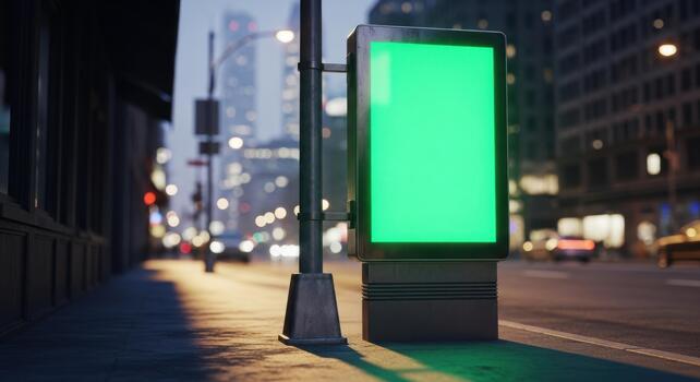 green screen billboard on city street at dusk photo